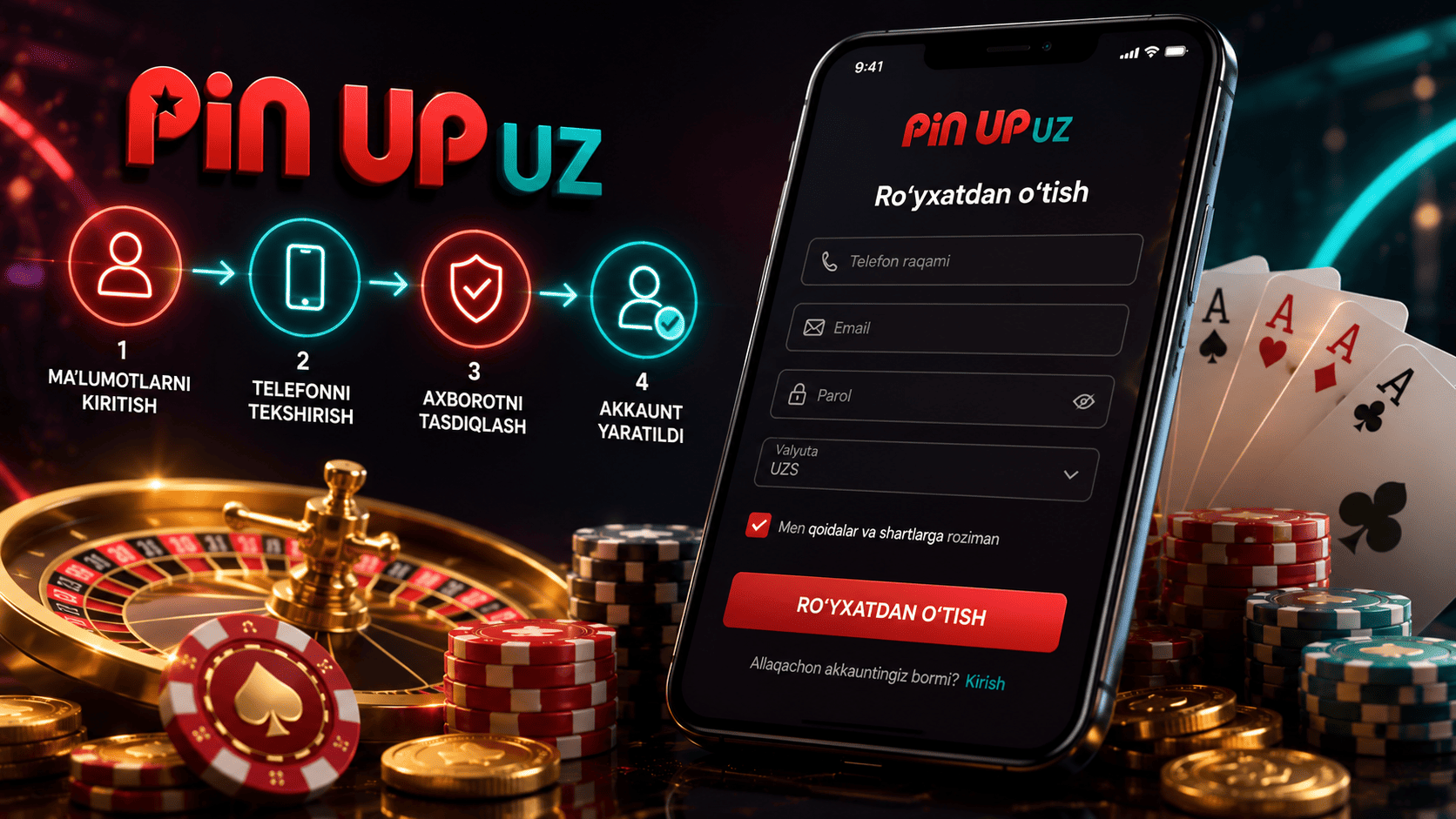 Pin Up ro‘yxatdan o‘tish oynasi va akkaunt yaratish bosqichlari
